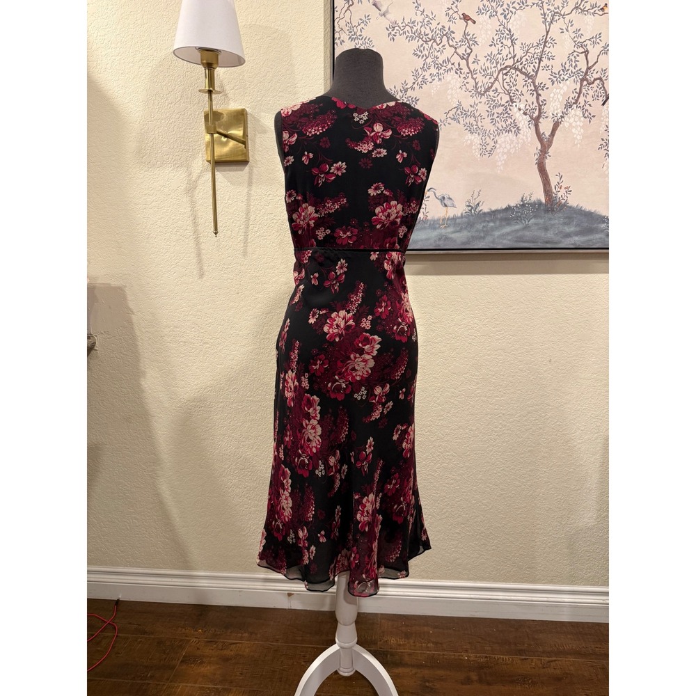 Alfani Womens 100% Silk Floral Midi Dress Black Burgundy V-Neck Sleeveless Sz 10 - Picture 3 of 5